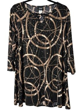 Jostar Abstract Swirl Tunic Top XL Black Gold Stretch Travel Y2K Ethereal Vtg